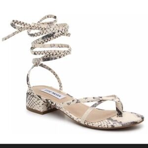 Steve Madden Ryee Cream and Black Snake Print Wrap Thong Sandals